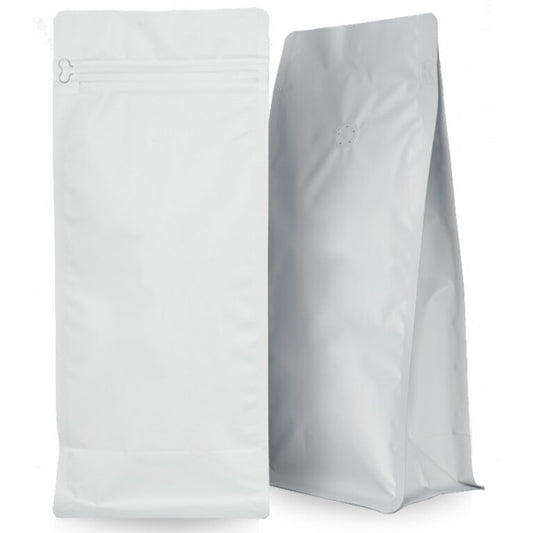 Bolsa de café blanca 1 kg con base plana