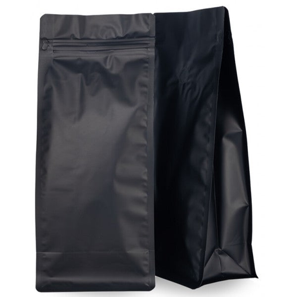Bolsa de cafe negra con base plana zipper y valvula 1kg