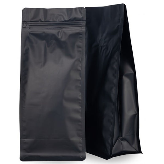 Bolsa de cafe negra con base plana zipper y valvula 1kg