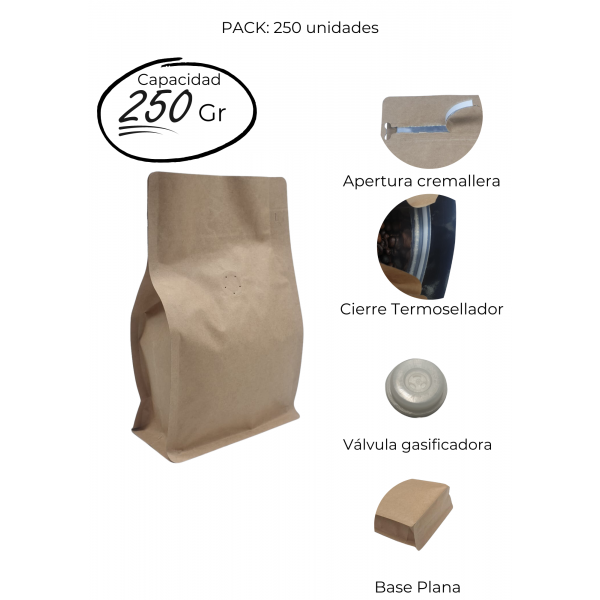 Bolsas para café: Papel Kraft 250g Base Plana - Con Aluminio 250ud