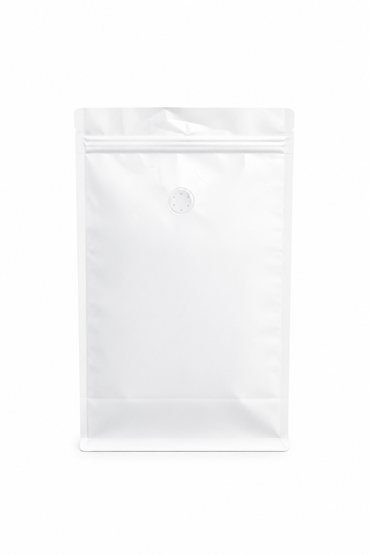 Bolsa para café blanca 1kg formato eight side seal con aluminio, válvula y cierre zip — vista frontal
