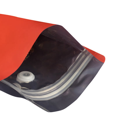 Bolsa de cafe roja con valvula zipper y base doy pack 