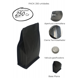 bolsa de cafe 250 gramos base plana con valvula y zipper 