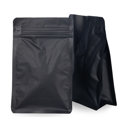 bolsa de cafe negra 250 gramos con base plana con valvula y zipper 