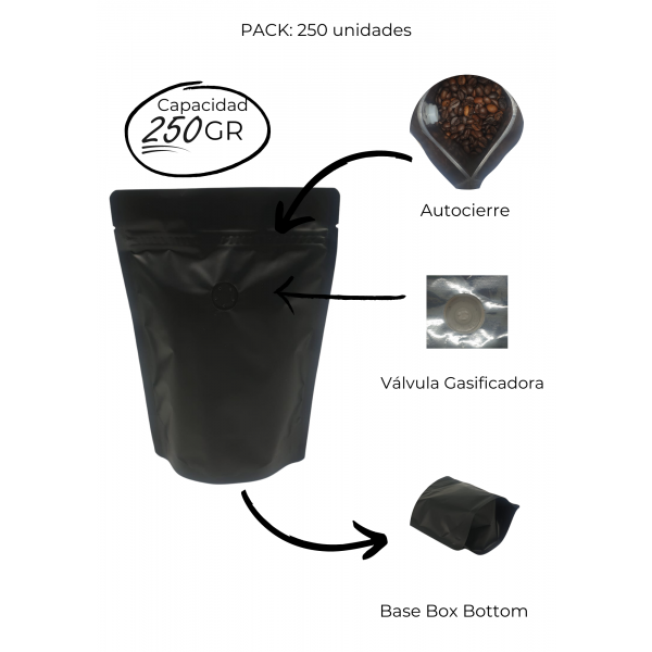 bolsa de cafe negra doy pack 250 gramos con valvula y zipper 