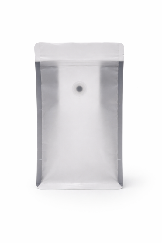 Bolsa para Café de especialidad 250g: Blanca con franja Gris 250ud Base plana Reciclable