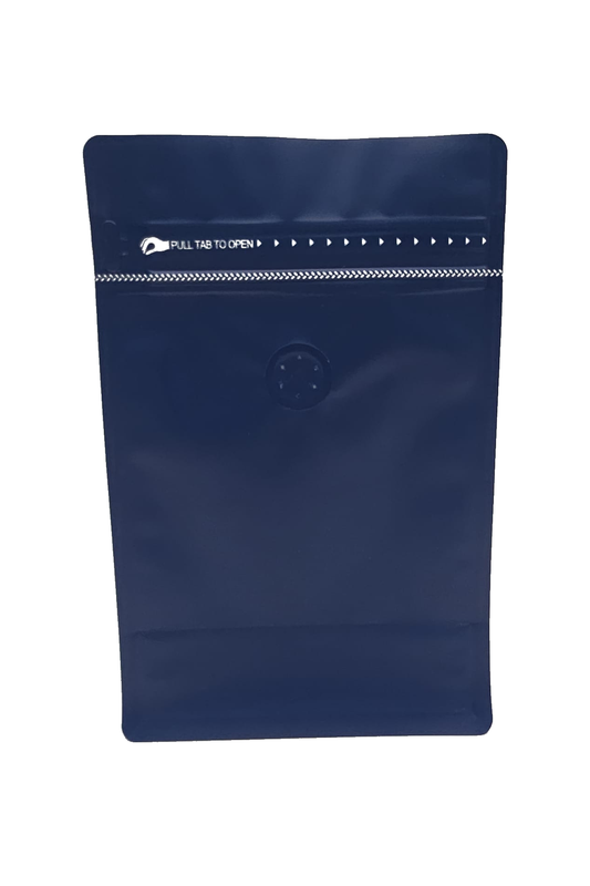 Bolsa para café azul oscuro 250g base plana con válvula y cierre zip — vista frontal
