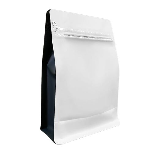 Bolsa de café de especialidad con base plana Blanca con franja gris Coffebags.com