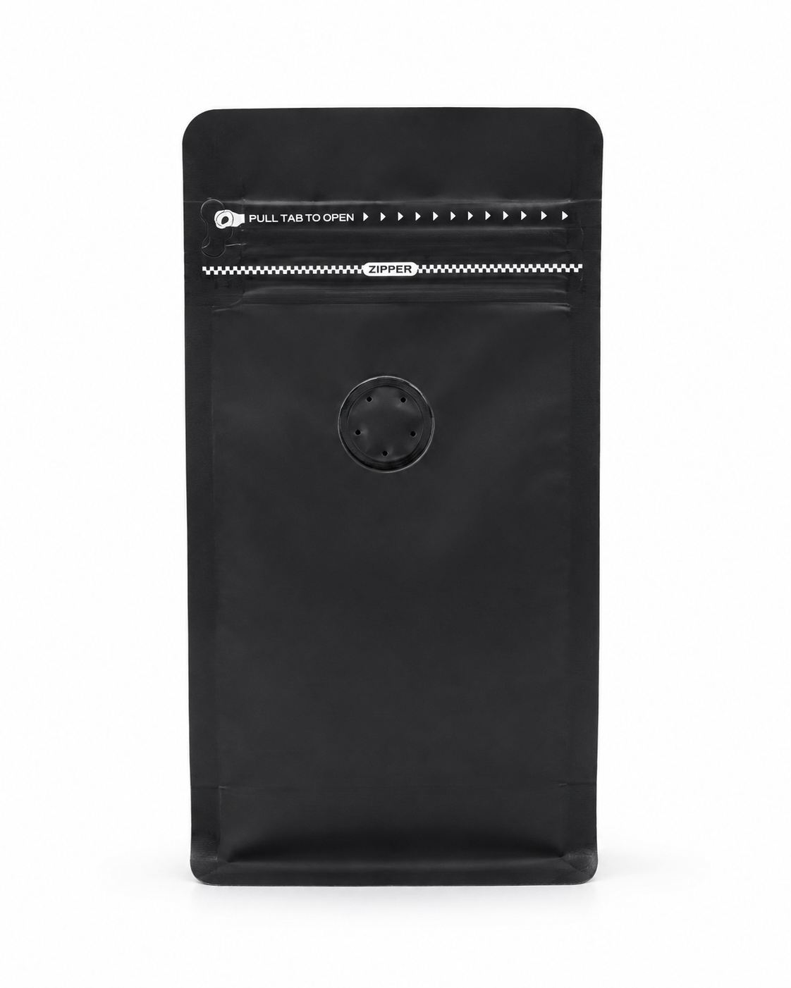 Bolsa negra mate 100g base plana para café con válvula y zipper — vista frontal
