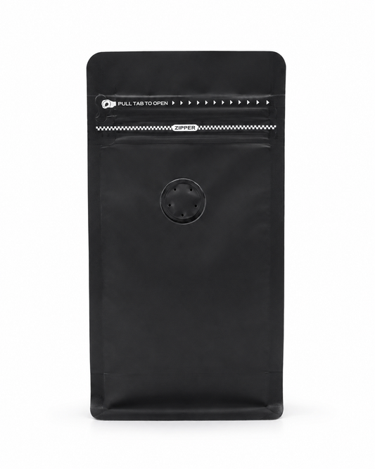 Bolsa negra mate 100g base plana para café con válvula y zipper — vista frontal