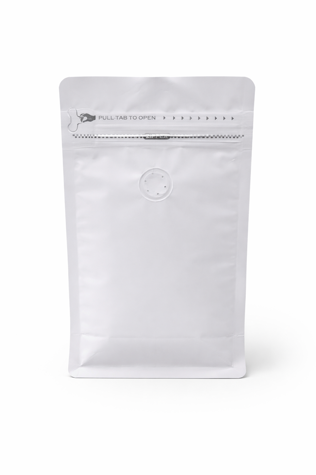 Bolsas para café Blanco Mate 250g Base Plana con aluminio, válvula y zip
